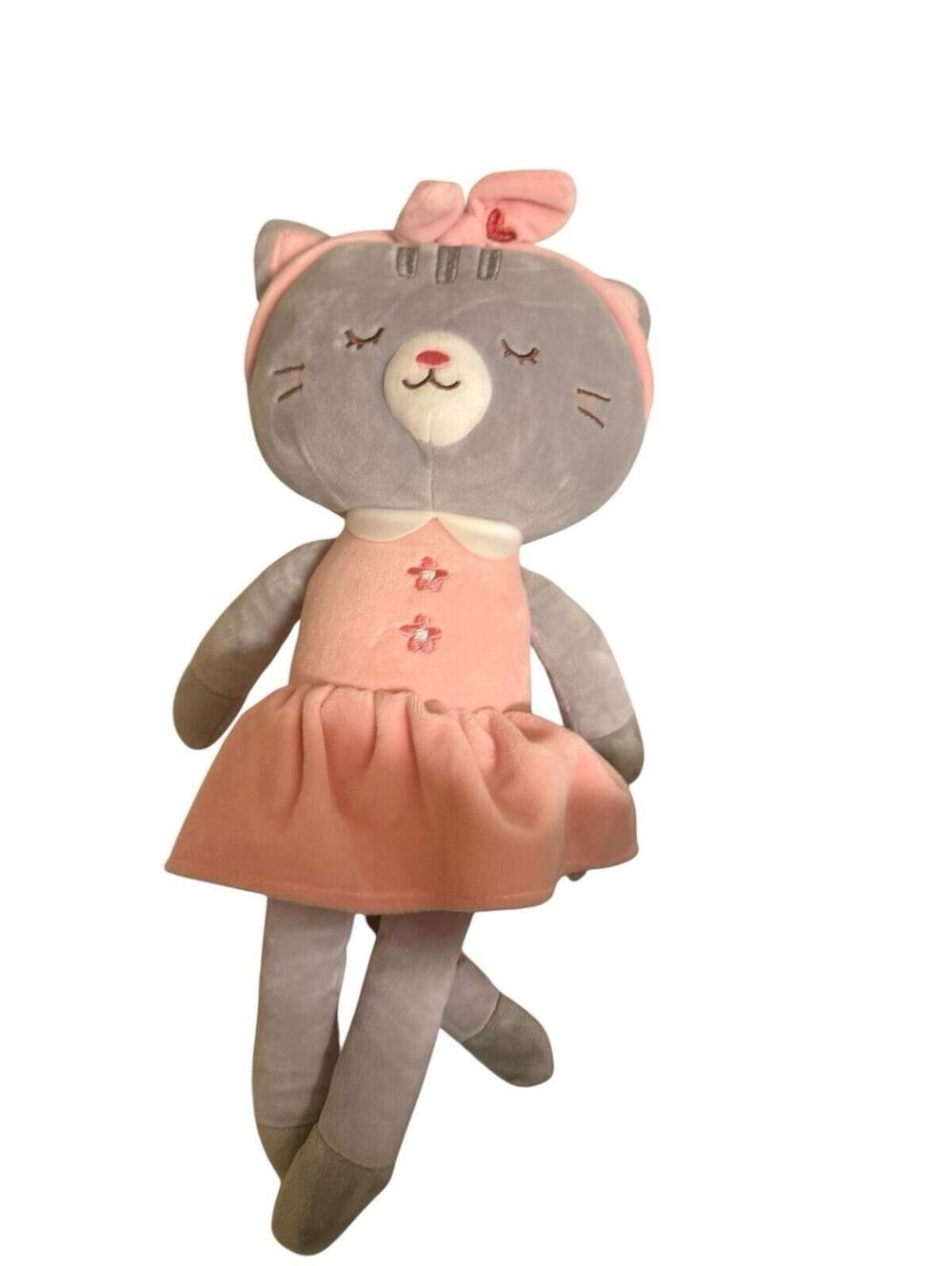 LAZADA Gray Tabby Cat Pink Dress Head Band Bow Closed Eyes Stuffed Plush 15 Inch